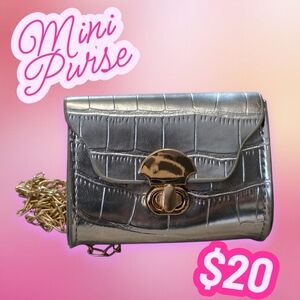 Silver Croc-Embossed Mini Purse With Chain Strap